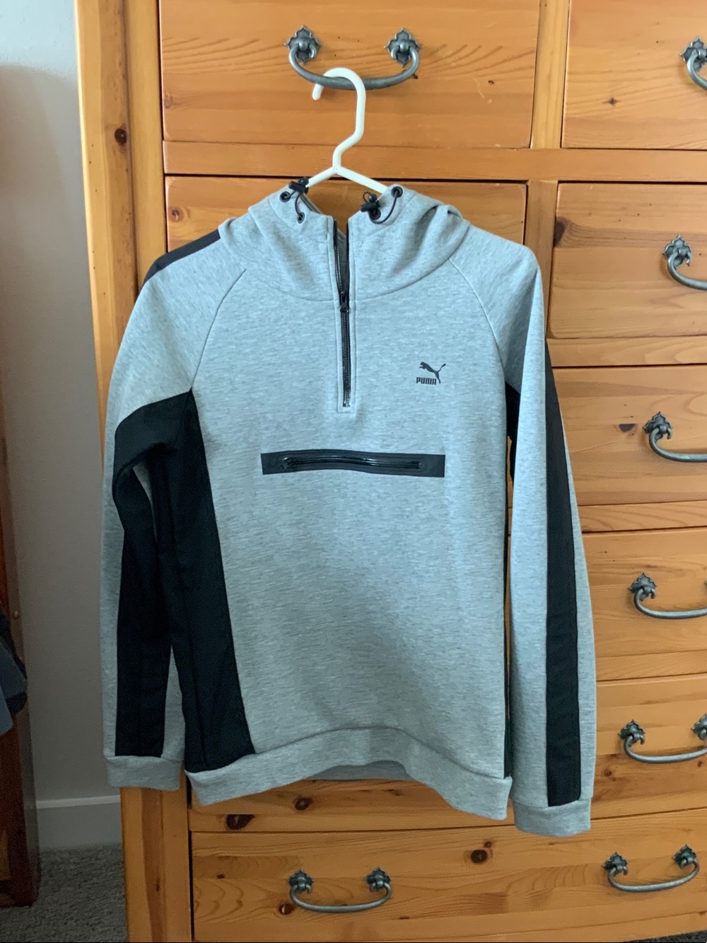 Puma Light Gray and Black Half-Zip Hooded Pullover